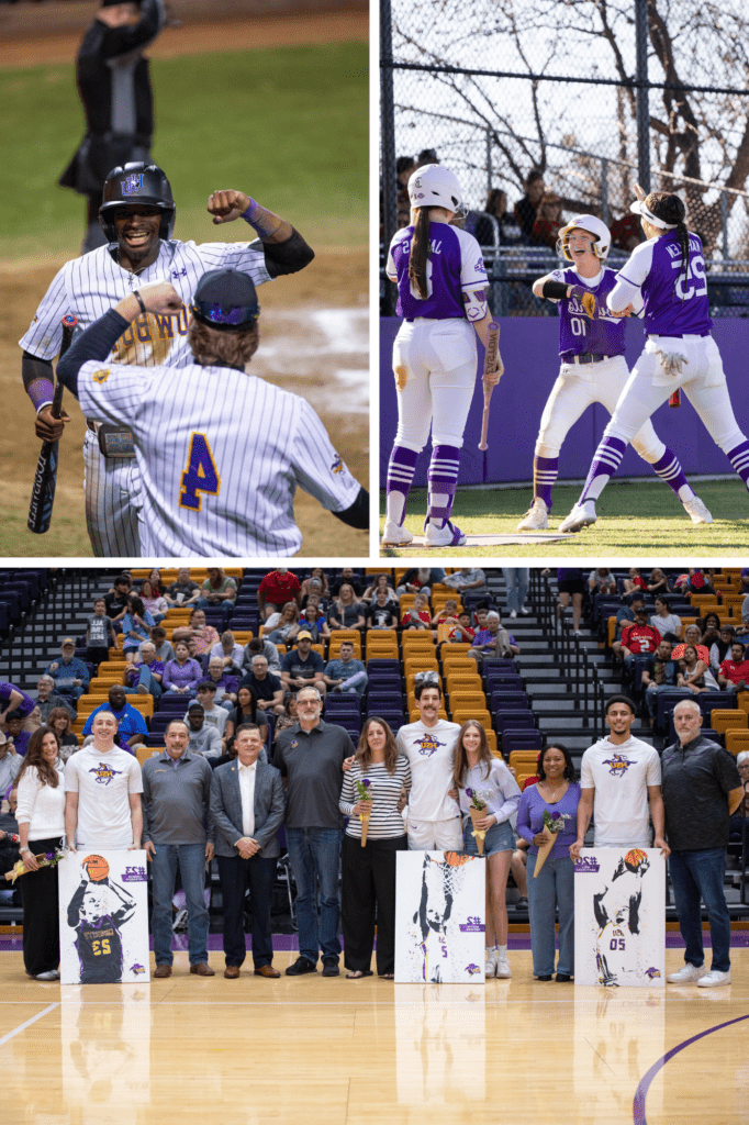 HSU Athletics in the month of February 2025 featuring softball, baseball and men's senior night for basketball. 